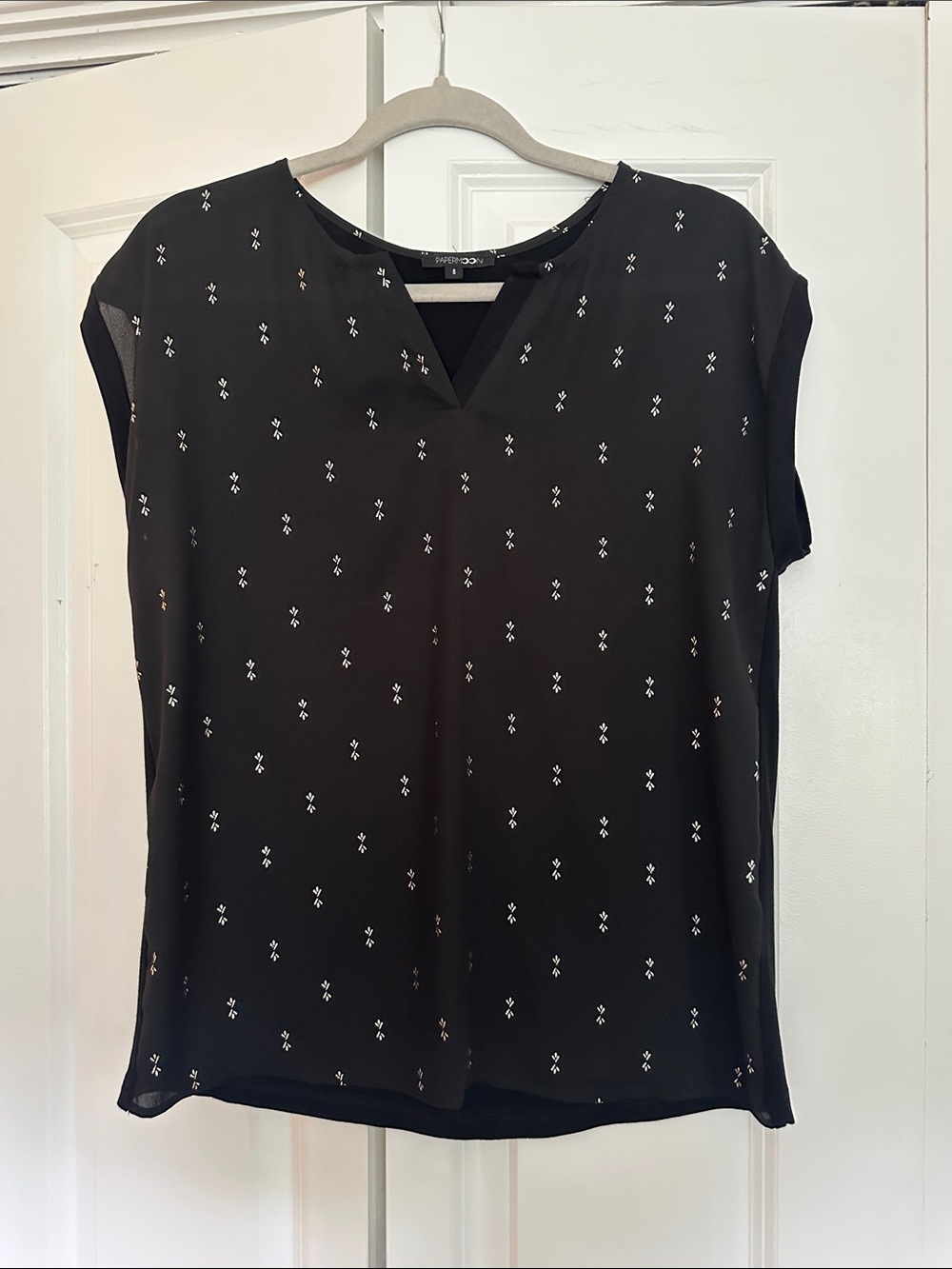 Papermoon Black Notch-Neck Cap-Sleeve Blouse with White Diamond Motif